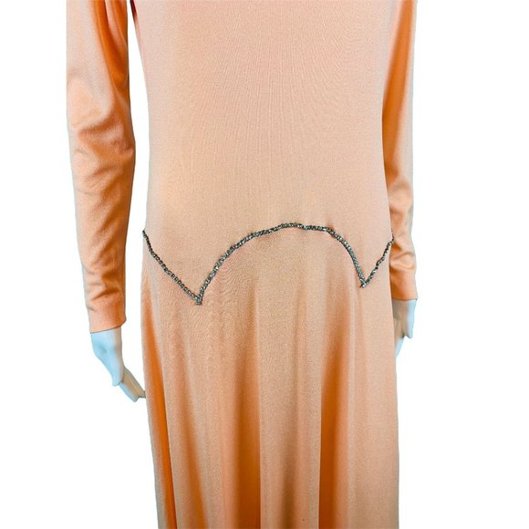 Vintage 70s Formal Gown Women's Small Rhinestone Trim Peach Long Sleeve Dress - Picture 6 of 10